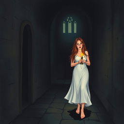 A frightened woman walking through a dark corridor of a castle at night, holding a candelabrum