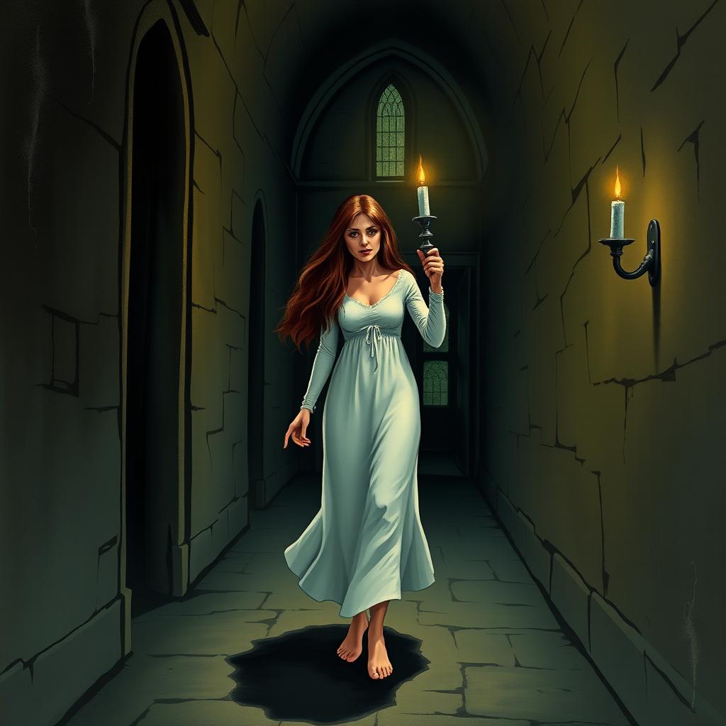 A frightened woman walking through a dark corridor of a castle at night, holding a candelabrum