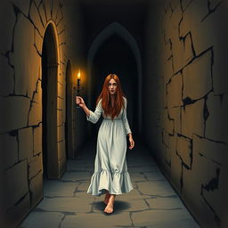 A frightened woman walking through a dark corridor of a castle at night, holding a candelabrum