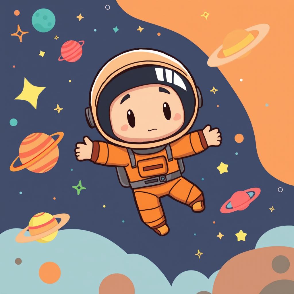 Cartoon-style astronaut wearing an orange suit, with a helmet featuring a dark visor with two white lines resembling eyes, ensuring no facial features are visible