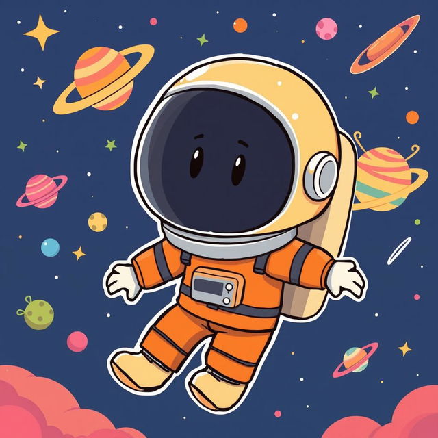 Cartoon-style astronaut wearing an orange suit, with a helmet featuring a dark visor with two white lines resembling eyes, ensuring no facial features are visible