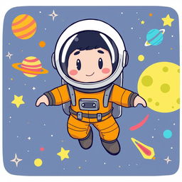 Cartoon-style astronaut wearing an orange suit, with a helmet featuring a dark visor with two white lines resembling eyes, ensuring no facial features are visible