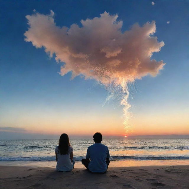 A nostalgic person sitting on a tranquil seashore, lost in childhood memories; wisps of beloved Disney cartoons forming in the evening sky above them.