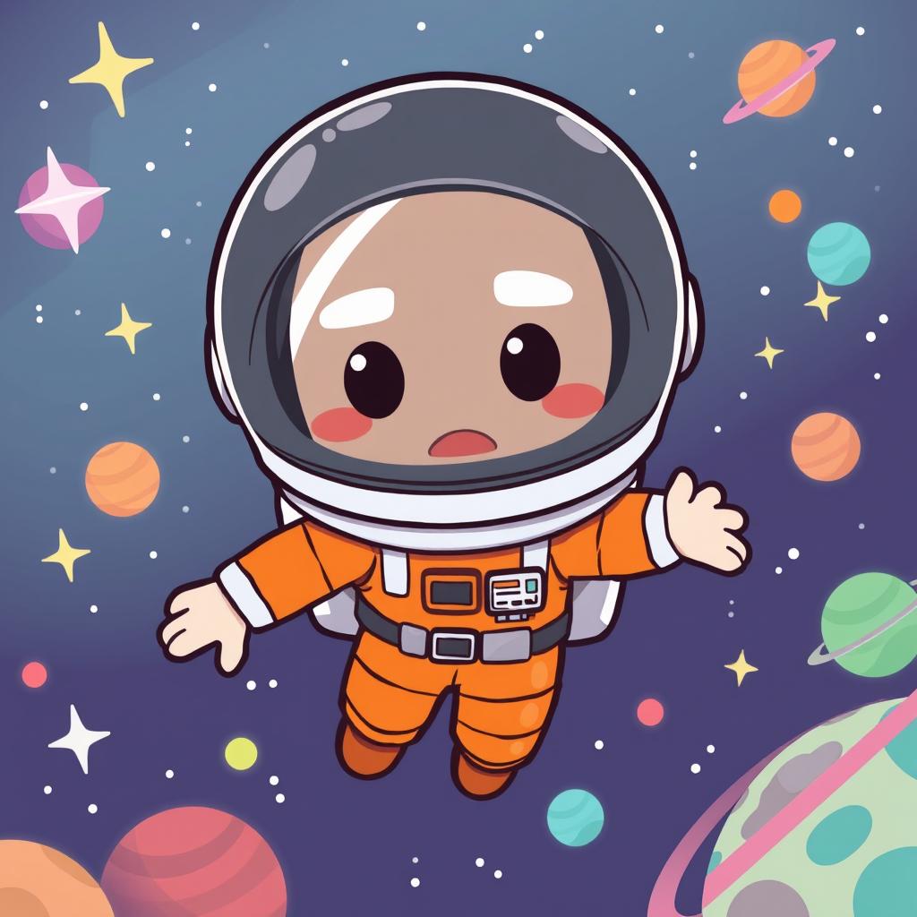 Cartoon-style astronaut wearing an orange suit, with a helmet featuring a dark visor that prominently displays two white lines resembling eyes, ensuring no facial features are visible