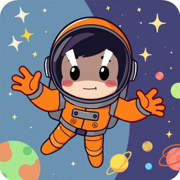 Cartoon-style astronaut wearing an orange suit, with a helmet featuring a dark visor that prominently displays two white lines resembling eyes, ensuring no facial features are visible