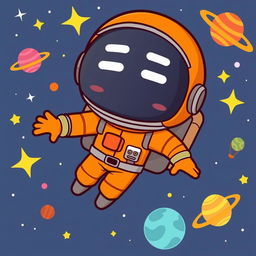 Cartoon-style astronaut wearing an orange suit, with a helmet featuring a dark visor that prominently displays two white lines resembling eyes, ensuring no facial features are visible