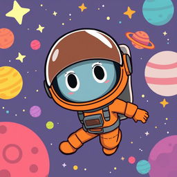 Cartoon-style astronaut wearing an orange suit, with a helmet featuring a dark visor that prominently displays two white lines resembling eyes, ensuring no facial features are visible