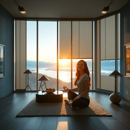 A large room with a full-wall panoramic window, partially covered with blinds and smart gray matte material