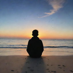 A nostalgic person sitting on a tranquil seashore, lost in childhood memories; wisps of beloved Disney cartoons forming in the evening sky above them.