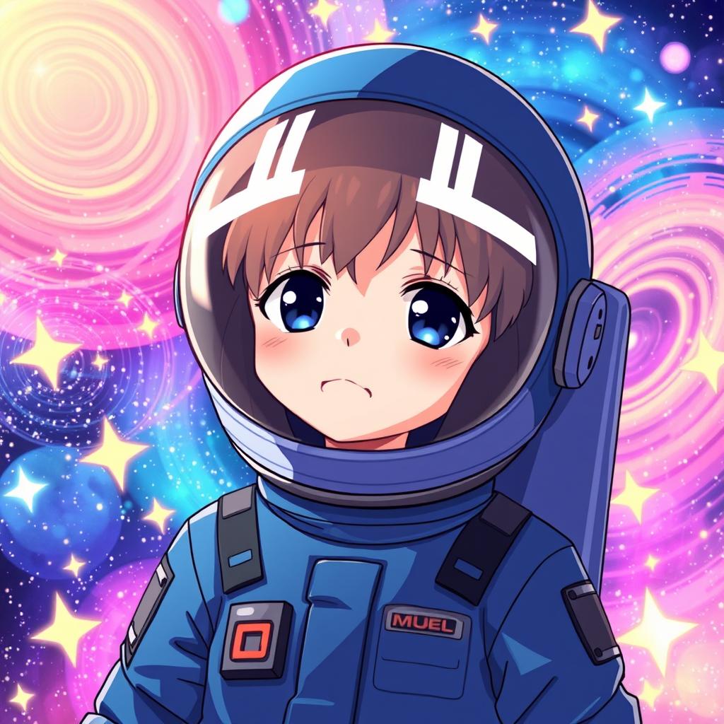 Anime-style astronaut wearing a blue suit, with a helmet featuring a dark visor and two white lines resembling eyes, ensuring that the character's face is not visible