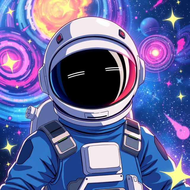 Anime-style astronaut wearing a blue suit, with a helmet featuring a dark visor and two white lines resembling eyes, ensuring that the character's face is not visible