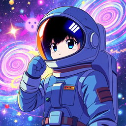 Anime-style astronaut wearing a blue suit, with a helmet featuring a dark visor and two white lines resembling eyes, ensuring that the character's face is not visible