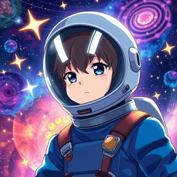 Anime-style astronaut wearing a blue suit, with a helmet featuring a dark visor and two white lines resembling eyes, ensuring that the character's face is not visible