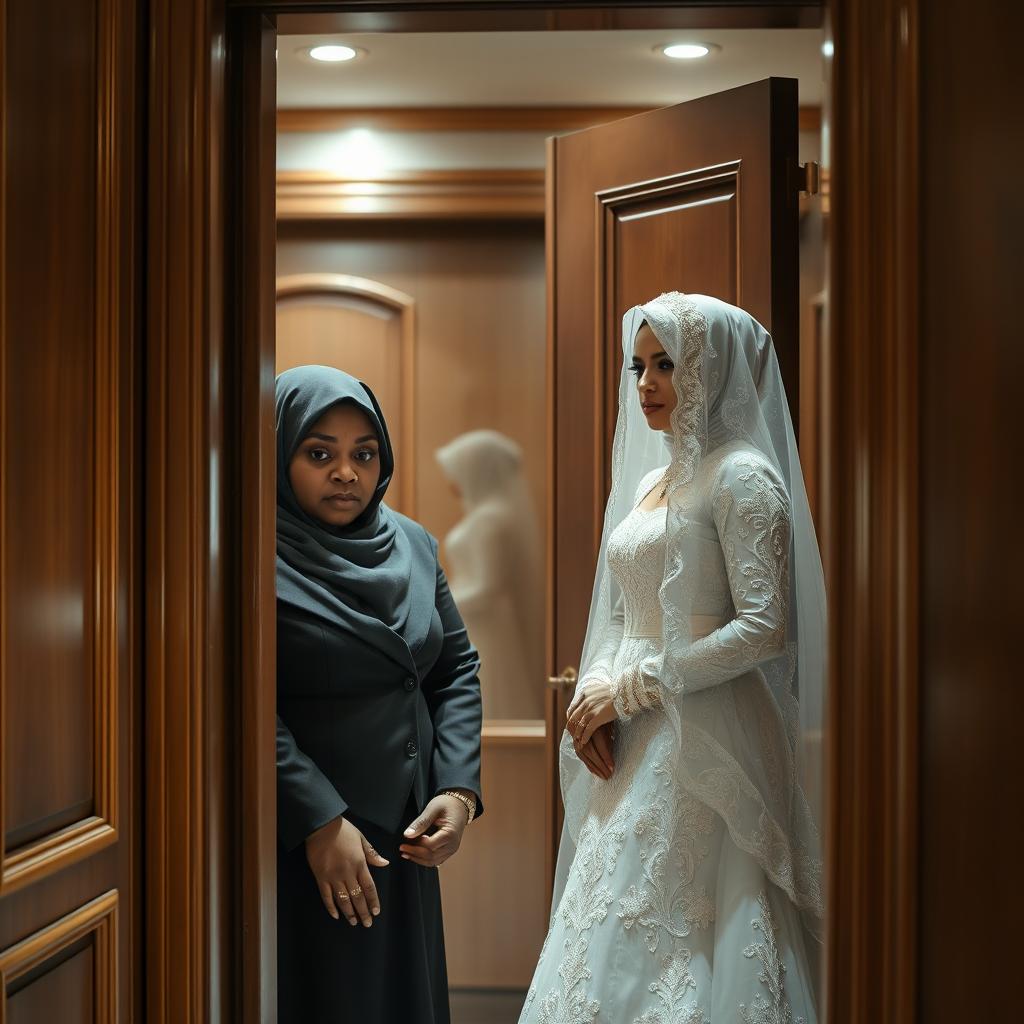 A dark-skinned woman with a fuller figure wearing a hijab is inside a luxurious closet, her expression filled with mourning