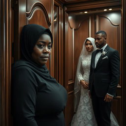 A dark-skinned woman with a fuller figure wearing a hijab is inside a luxurious closet, her expression filled with mourning