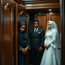 A dark-skinned woman with a fuller figure wearing a hijab is inside a luxurious closet, her expression filled with mourning