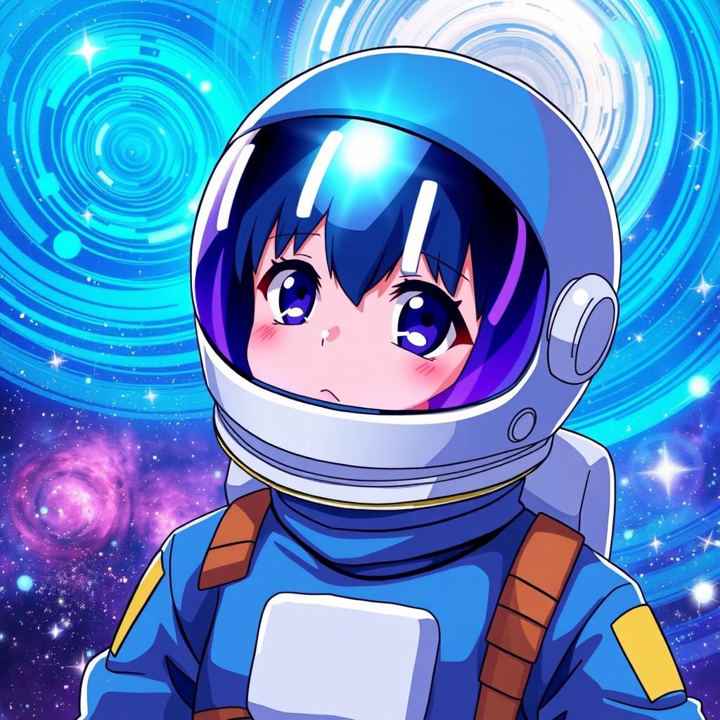 Anime-style astronaut wearing a blue suit, featuring a helmet with a dark visor adorned with two white lines resembling eyes, ensuring the character's face is not visible