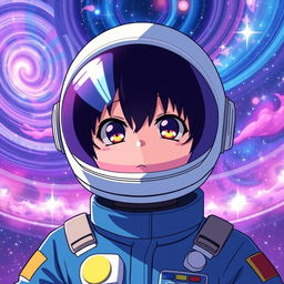 Anime-style astronaut wearing a blue suit, featuring a helmet with a dark visor adorned with two white lines resembling eyes, ensuring the character's face is not visible