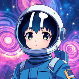 Anime-style astronaut wearing a blue suit, featuring a helmet with a dark visor adorned with two white lines resembling eyes, ensuring the character's face is not visible