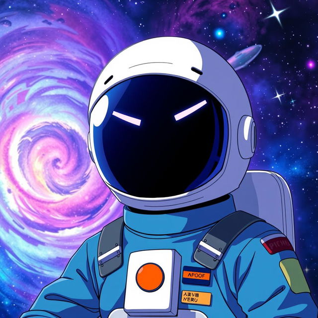 Anime-style astronaut wearing a blue suit, featuring a helmet with a dark visor adorned with two white lines resembling eyes, ensuring the character's face is not visible