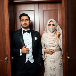 A groom in a sharp black suit and his bride wearing a hijab, an intricately designed wedding dress, and a face veil, both displaying expressions of dismay as they open the wardrobe