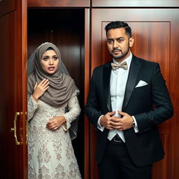 A groom in a sharp black suit and his bride wearing a hijab, an intricately designed wedding dress, and a face veil, both displaying expressions of dismay as they open the wardrobe