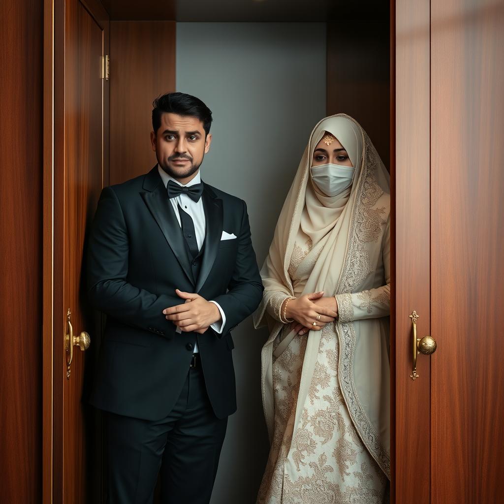 A groom in a sharp black suit and his bride wearing a hijab, an intricately designed wedding dress, and a face veil, both displaying expressions of dismay as they open the wardrobe