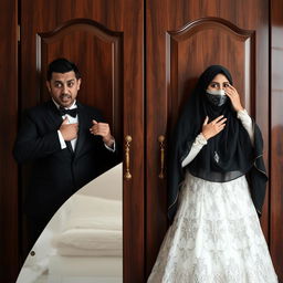 A groom in a sharp black suit and his bride wearing a hijab, an intricately designed wedding dress, and a face veil, both displaying expressions of dismay as they open the wardrobe