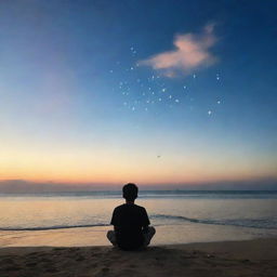 A nostalgic person sitting on a tranquil seashore, lost in childhood memories; wisps of beloved Disney cartoons forming in the evening sky above them.