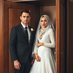 A groom in a sleek black suit and his bride, who is wearing a hijab, an elegant white wedding dress, and a delicate veil, both exhibiting expressions of dismay as they open the wardrobe