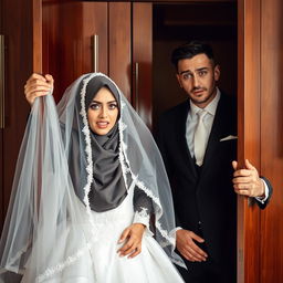 A groom in a sleek black suit and his bride, who is wearing a hijab, an elegant white wedding dress, and a delicate veil, both exhibiting expressions of dismay as they open the wardrobe