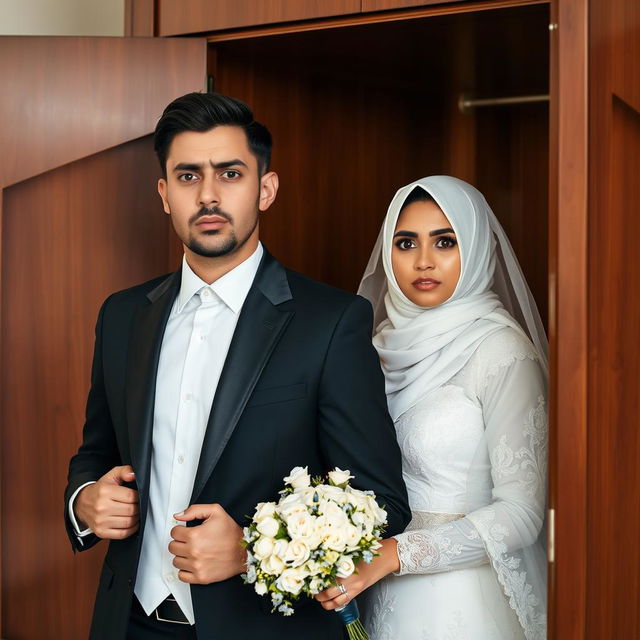 A groom in a sleek black suit and his bride, who is wearing a hijab, an elegant white wedding dress, and a delicate veil, both exhibiting expressions of dismay as they open the wardrobe