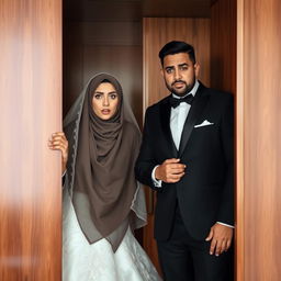 A groom in a sleek black suit and his bride, who is wearing a hijab, an elegant white wedding dress, and a delicate veil, both exhibiting expressions of dismay as they open the wardrobe