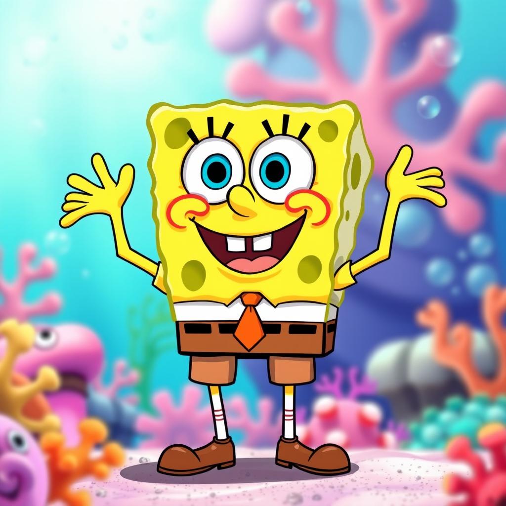 A cartoon sponge character resembling "Bob esponja", standing in a dynamic, cheerful pose, with a big smile and exaggerated facial features