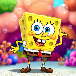 A cartoon sponge character resembling "Bob esponja", standing in a dynamic, cheerful pose, with a big smile and exaggerated facial features