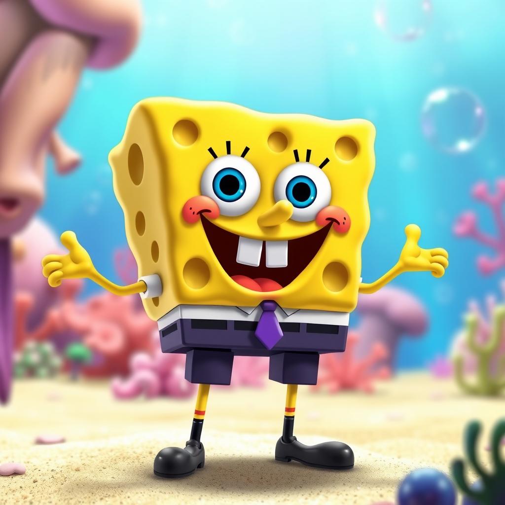 A cartoon sponge character resembling "Bob esponja", standing in a dynamic, cheerful pose, with a big smile and exaggerated facial features