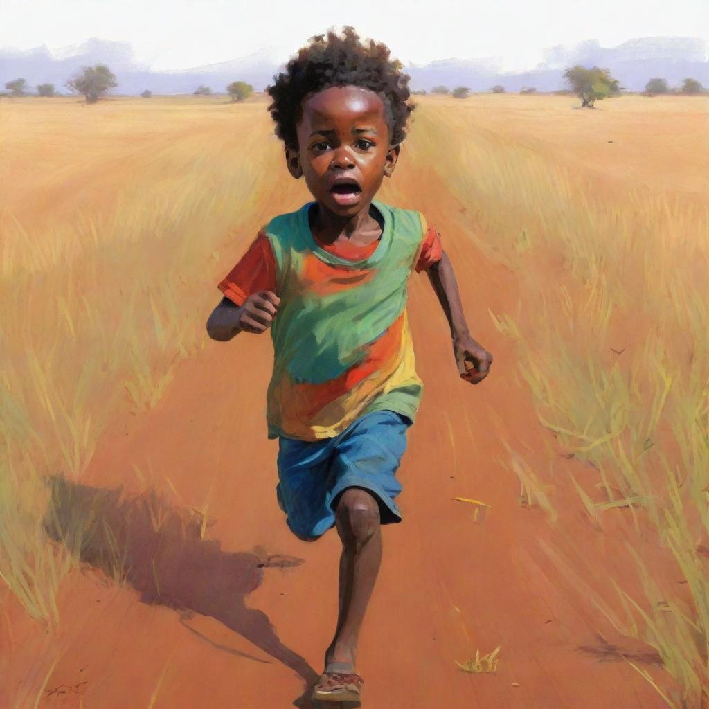 A 2D stylized, colorful sketch of a small African boy, clearly frightened, running across an expansive field. Stray from realism, emphasizing on boldly articulated flat colors and shapes.