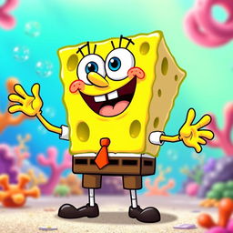 A cartoon sponge character resembling "Bob esponja", standing in a dynamic, cheerful pose, with a big smile and exaggerated facial features