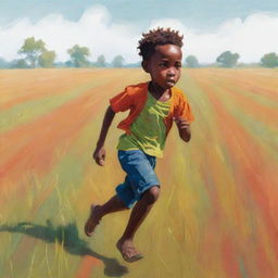 A 2D stylized, colorful sketch of a small African boy, clearly frightened, running across an expansive field. Stray from realism, emphasizing on boldly articulated flat colors and shapes.