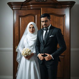 A groom in an impeccably tailored black suit and his bride wearing a white hijab, a stunning white wedding dress, and a matching white veil, both standing in front of a wardrobe with expressions of fear and apprehension