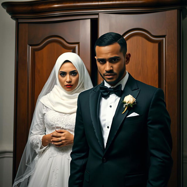 A groom in an impeccably tailored black suit and his bride wearing a white hijab, a stunning white wedding dress, and a matching white veil, both standing in front of a wardrobe with expressions of fear and apprehension