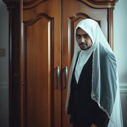 A groom in an impeccably tailored black suit and his bride wearing a white hijab, a stunning white wedding dress, and a matching white veil, both standing in front of a wardrobe with expressions of fear and apprehension