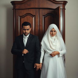 A groom in an impeccably tailored black suit and his bride wearing a white hijab, a stunning white wedding dress, and a matching white veil, both standing in front of a wardrobe with expressions of fear and apprehension