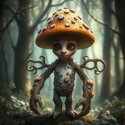 A fantasy creature resembling a myconid mushroom, featuring a whimsical and charming face