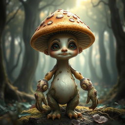 A fantasy creature resembling a myconid mushroom, featuring a whimsical and charming face