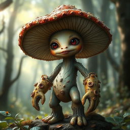 A fantasy creature resembling a myconid mushroom, featuring a whimsical and charming face