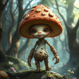 A fantasy creature resembling a myconid mushroom, featuring a whimsical and charming face