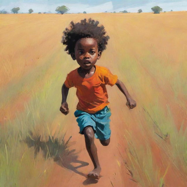 A 2D stylized, colorful sketch of a small African boy, clearly frightened, running across an expansive field. Stray from realism, emphasizing on boldly articulated flat colors and shapes.