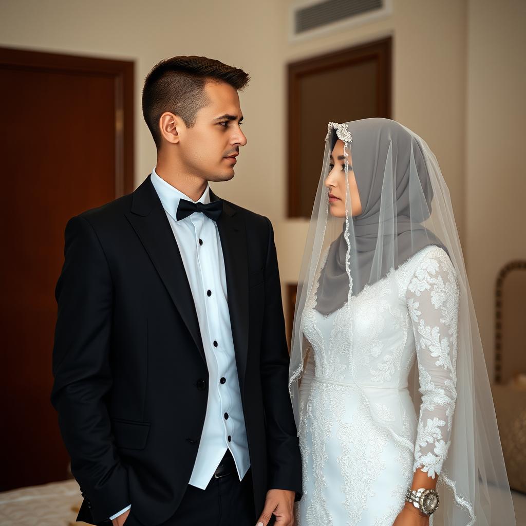 A groom with a thin build dressed in a sharp black suit stands beside his bride, who wears a hijab along with a delicate white veil and a remarkably crafted white wedding dress