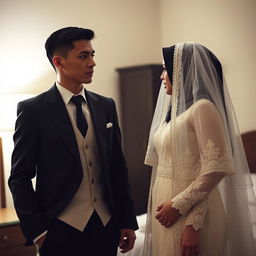 A groom with a thin build dressed in a sharp black suit stands beside his bride, who wears a hijab along with a delicate white veil and a remarkably crafted white wedding dress